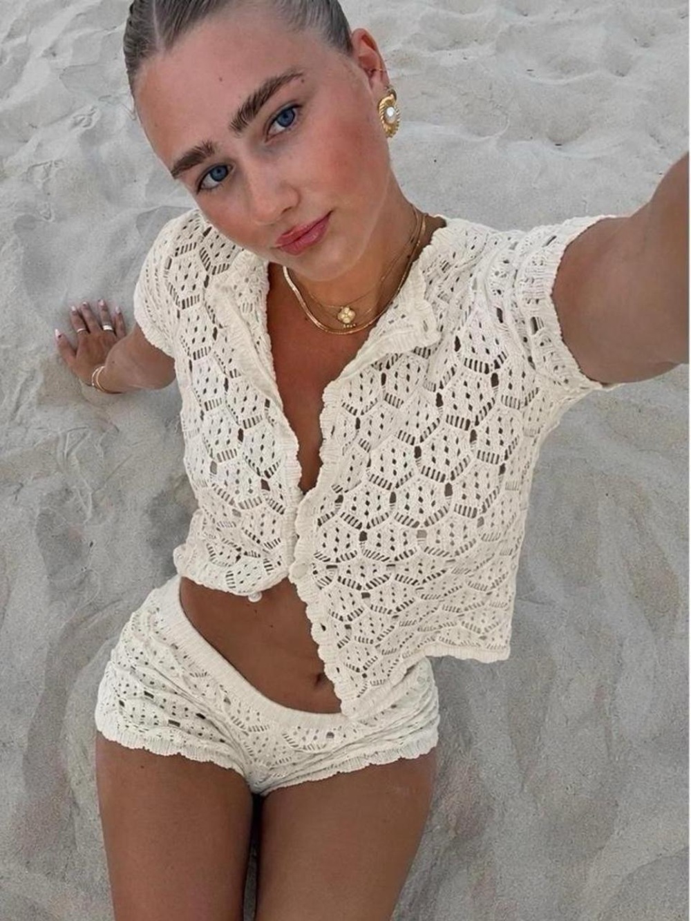 Princess Polly Cream Crochet Short Sleeve Button Cardigan